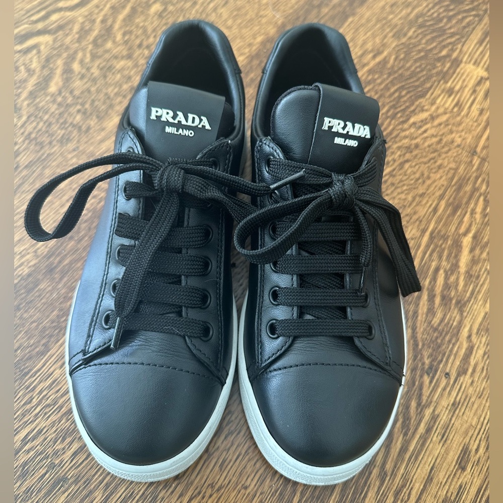 Prada Black Leather Tennis Shoes (size 37)